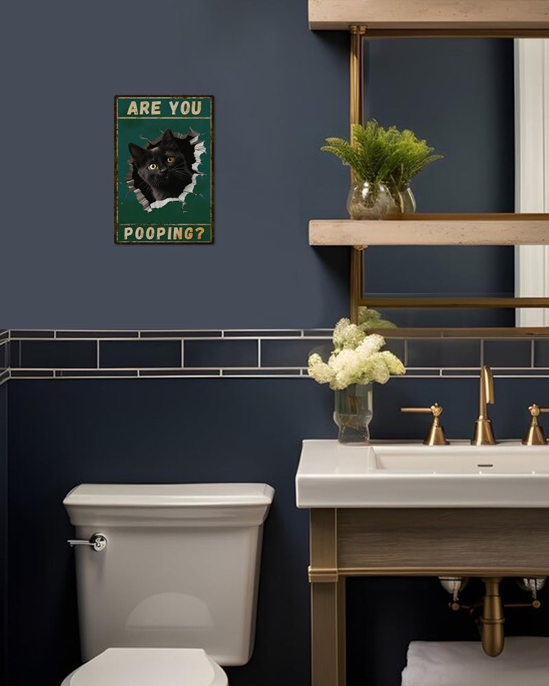 ALKB Are You Pooping Signs Funny Black Cat Sign for Bathroom Wall Decor, Vintage Cat Gift 8 x 12 Inch - Image 3